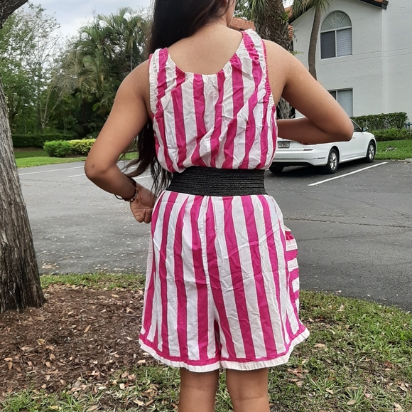 Vintage 80s Romper Jumper One Piece Pink White 90s - Picture 7 of 8